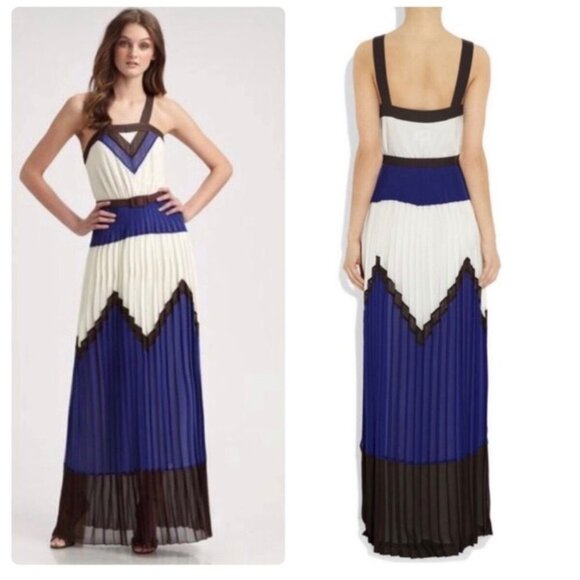 Milly Pleated Maxi Dress. Size 8. Blue/White Color Block Belted - Picture 4 of 16